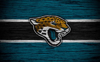 Jacksonville Jaguars, NFL, American Conference, 4k, wooden texture, american football, logo, emblem, Jacksonville, Florida, USA, National Football League