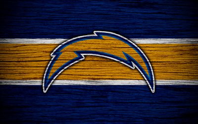 Los Angeles Chargers, NFL, American Conference, 4k, wooden texture, american football, logo, emblem, Los Angeles, California, USA, National Football League