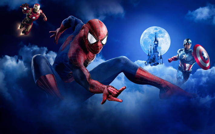 Captain America, IronMan, Spiderman, natt, superhj&#228;ltar