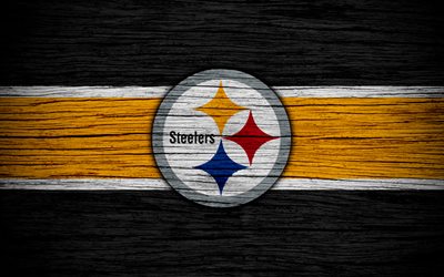 Pittsburgh Steelers, NFL, 4k, wooden texture, american football, logo, emblem, Pittsburgh, Pennsylvania, USA, National Football League, American Conference