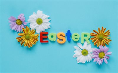 Easter, spring flowers, colorful chrysanthemums, blue background, April 1, 2018, April 8, religious holiday