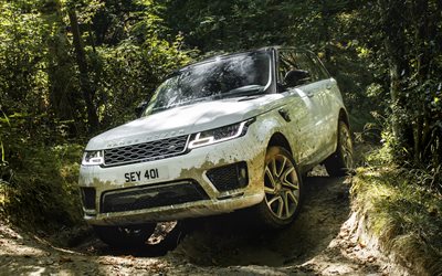 Land Rover, Range Rover Sport, P400e, Plug-in Hybrid, de lujo veh&#237;culo off-road, off-road test, blanco Range Rover, Brit&#225;nico de autom&#243;viles, madera, barro