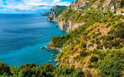 Amalfi, 4k, rannikolla, meri, kes&#228;ll&#228;, vuoret, Italia, Euroopassa