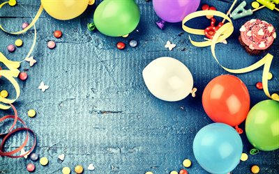 Mutlu Yıllar, renkli Balonlar, tatil kartı, Doğum g&#252;n&#252;, kek, dekorasyon