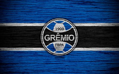 Gremio, 4k, Brazilian Seria A, logo, Brazil, soccer, Gremio FC, football club, Gremio Porto Alegrense, wooden texture, FC Gremio