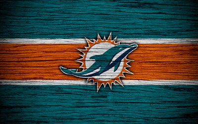 Miami Dolphins, NFL, American Conference, 4k, wooden texture, american football, logo, emblem, Miami, Florida, USA, National Football League