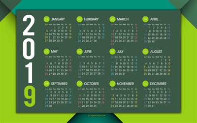 2019 green calendar, all months, green abstract background, calendar for 2019, stylish art, 2019 calendars, english 2019 calendar