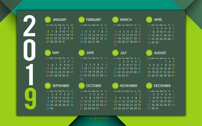 2019 verde calendario, todos los meses, verde, abstracto, antecedentes, calendario para el a&#241;o 2019, de arte elegante, 2019 calendarios, ingl&#233;s 2019 calendario