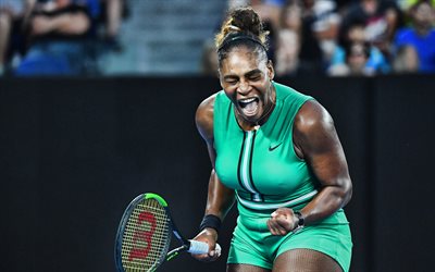 4k, Serena Williams, green uniform, american tennis players, WTA, joy, athlete, Serena Jameka Williams, tennis, HDR, tennis players