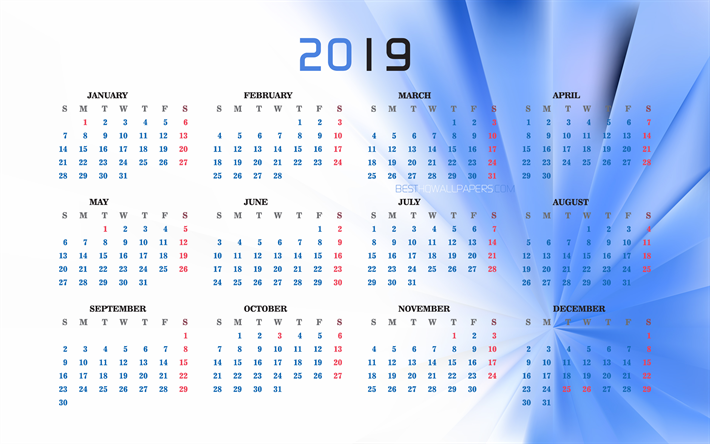 4k, Blue Calendar 2019, creative, abstract background, 2019 Yearly Calendar, blue background, Calendar 2019, Year 2019 Calendar, 2019 calendars, 2019 calendar