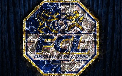 FC Luzern, scorched logo, Super League, blue wooden background, FCL, swiss football club, Luzern FC, grunge, football, soccer, Luzern logo, fire texture, Switzerland