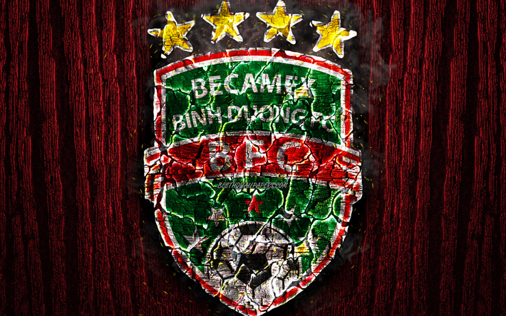 Binh Duong FC, scorched logo, V League 1, red wooden background, Vietnamese football club, Becamex Binh Duong FC, grunge, football, soccer, Binh Duong logo, fire texture, Vietnam
