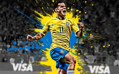 Philippe Coutinho, Brazil national football team, 11th number, goal, Brazilian football player, midfielder, creative art, Brazil, football