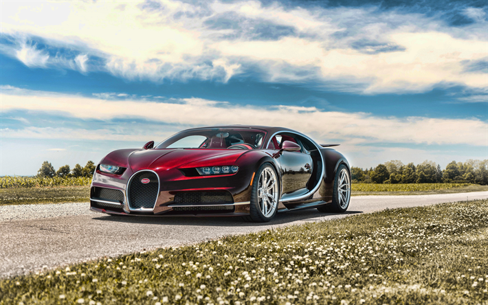 4k, Bugatti Chiron, superautot, 2019 autot, hypercars, tie, Bugatti, maroon Chiron