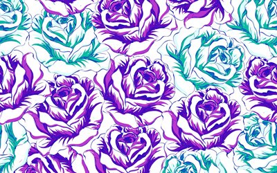 textur med lila rosor, blomma konsistens, rosor, vit bakgrund, knoppar i lila rosor