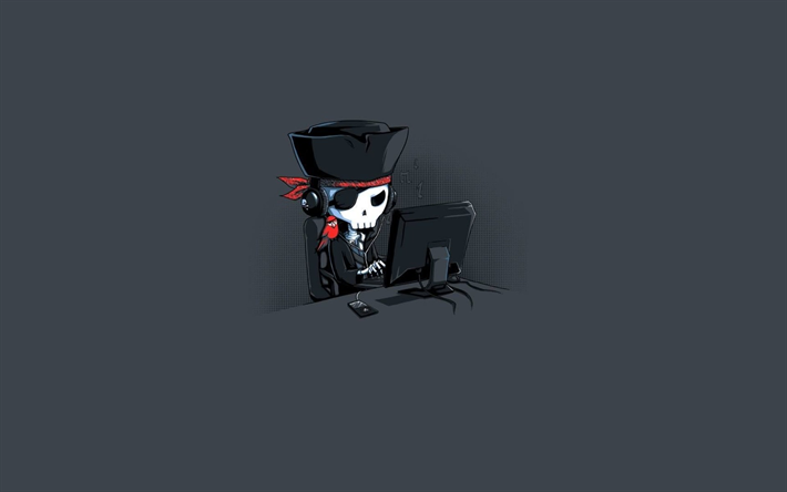 hacker, minimal, gray background, bones, skeleton, pirate, creative