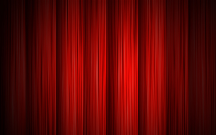 4k, red curtains, red fabric background, theater, red fabric, red velvet, fabric texture, curtain, red background