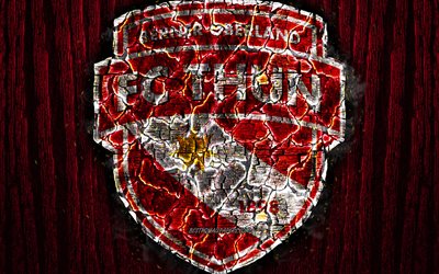 FC Thun, scorched logo, Super League, red wooden background, swiss football club, FC Thun 1898, grunge, football, soccer, Thun logo, fire texture, Switzerland