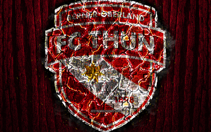 FC Thun, scorched logo, Super League, red wooden background, swiss football club, FC Thun 1898, grunge, football, soccer, Thun logo, fire texture, Switzerland