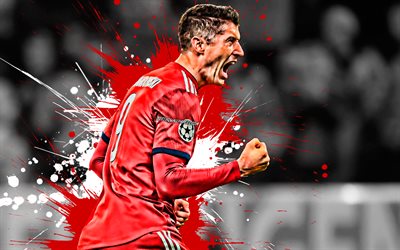 Robert Lewandowski, Bayern Munich FC, Polish football player, striker, goal, joy, creative art, red-white splashes of paint, traditional celebration, Bundesliga, Germany, Lewandowski