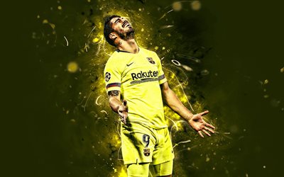 Luis Suarez, yellow uniform, FCB, La Liga, Barcelona FC, goal, uruguayan footballers, Joyful Luis Suarez, Barca, Spain, football stars, Suarez, neon lights, soccer, LaLiga