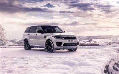 Range Rover Sport HST, 2019, exterior, winter, snow, luxurious large SUV, new white Range Rover, tuning, British cars