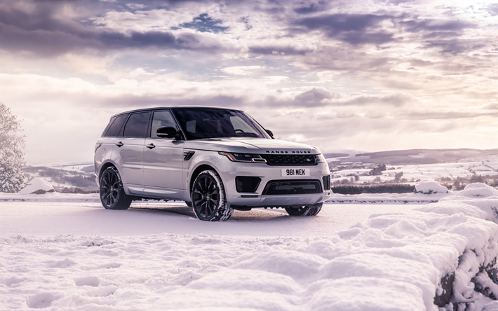 O Range Rover Sport HST, 2019, exterior, inverno, neve, luxuoso SUV de grande porte, branco novo Range Rover, ajuste, Carros britânicos