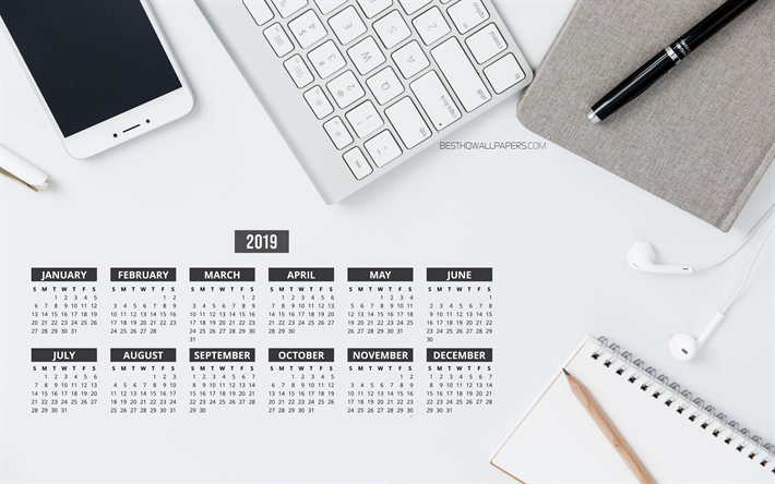 グレーの事業2019年カレンダー, 4k, 事業構成, 2019年の年間カレンダー, キーボード, スマートフォン, グレーのカレンダー2019年, 2019年カレンダー, グレー背景, 年2019年カレンダー