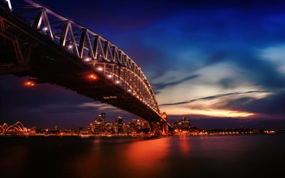 A Ponte Do Porto De, 4k, p&#244;r do sol, paisagens de cidade, Sydney, Austr&#225;lia, Sidney marcos