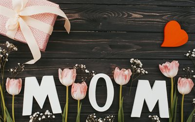 Felice Giorno di Madri, creativo, arte, tavole di legno, tulipani rosa, cartolina di madre