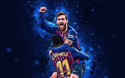 4k, Ousmane Dembele, Lionel Messi, goal, football stars, Barcelona FC, Spain, FCB, La Liga, Dembele and Messi, Barca, neon lights, Messi, soccer, LaLiga, Leo Messi