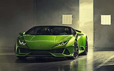 Lamborghini Huracan Evo Spyder, 2019, front view, green supercar, new green Huracan, italian sports cars, Lamborghini