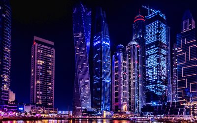 Dubai Marina, 4k, skyscrapers, cityscapes, nightscapes, Dubai, United Arab Emirates, UAE