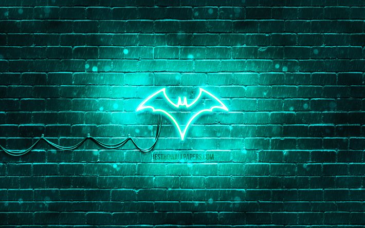 Batwoman turquoise logo, 4k, turquoise brickwall, Batwoman logo, superheroes, Batwoman neon logo, DC Comics, Batwoman