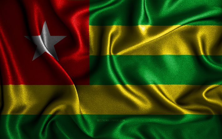 Drapeau togolais, 4k, drapeaux ondul&#233;s en soie, pays africains, symboles nationaux, drapeau du Togo, drapeaux en tissu, drapeau Togo, art 3D, Togo, Afrique, drapeau Togo 3D