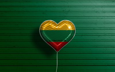 Litvanya&#39;yı seviyorum, 4k, ger&#231;ek&#231;i balonlar, yeşil ahşap arka plan, Litvanya bayrağı kalbi, Avrupa, favori &#252;lkeler, Litvanya bayrağı, bayraklı balon, Litvanya, Litvanya&#39;yı sev