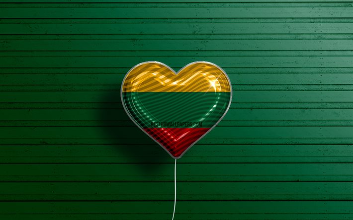 I Love Lithuania, 4k, realistic balloons, green wooden background, Lithuanian flag heart, Europe, favorite countries, flag of Lithuania, balloon with flag, Lithuanian flag, Lithuania, Love Lithuania