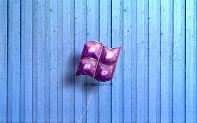 4k, Windows logo, violet realistic balloons, Windows 3D logo, blue wooden backgrounds, Windows