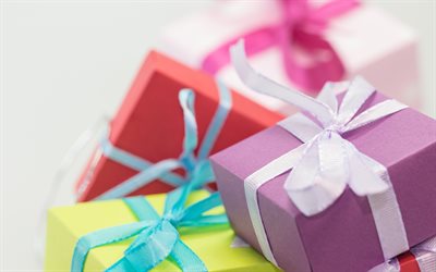 scatole regalo, fiocco in seta bianca, sfondo confezione regalo, confezione regalo viola, confezione regalo rossa