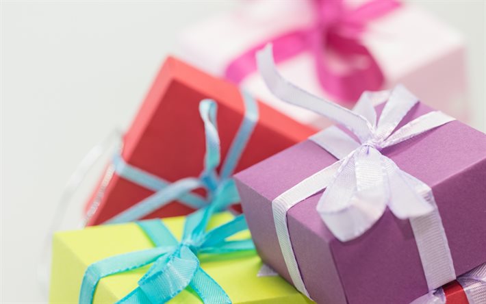 scatole regalo, fiocco in seta bianca, sfondo confezione regalo, confezione regalo viola, confezione regalo rossa