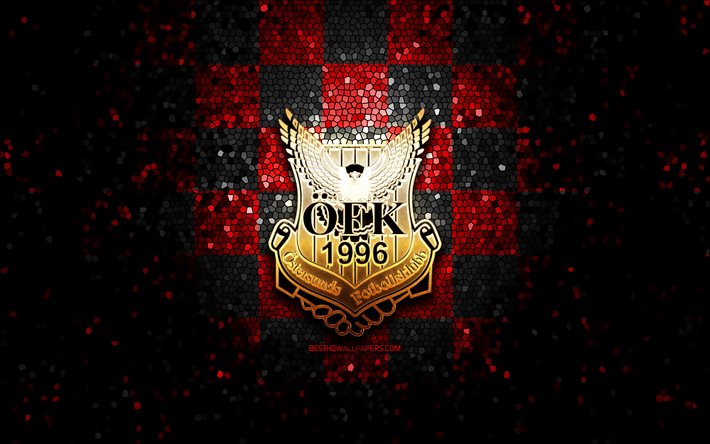 Ostersunds FC, glitter logo, Allsvenskan, red black checkered background, soccer, swedish football club, Ostersunds logo, mosaic art, football, Ostersunds FK