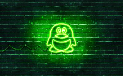 Logo verde QQ, 4k, muro di mattoni verde, logo QQ, social network, logo neon QQ, QQ