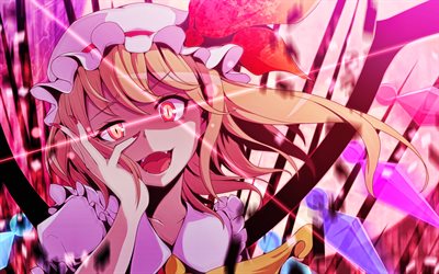 4K, Flandre Scarlet, purple neon rays, Touhou, manga, Touhou Project, colorful crystals, artwork, Touhou characters, Flandre Scarlet Touhou