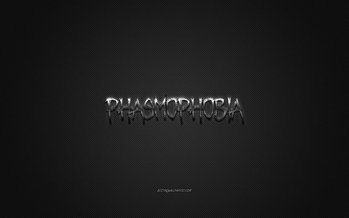 Phasmophobia, popular game, Phasmophobia gray logo, gray carbon fiber background, Phasmophobia logo, Phasmophobia emblem