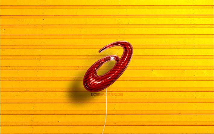 ASICS logo, 4K, red realistic balloons, fashion brands, ASICS 3D logo, yellow wooden backgrounds, ASICS