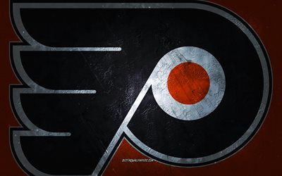 Philadelphia Flyers, American hockey team, yellow stone background, Philadelphia Flyers logo, grunge art, NHL, hockey, USA, Philadelphia Flyers emblem