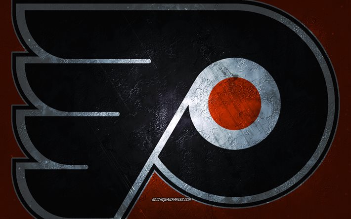 Flyers de Philadelphie, équipe de hockey américaine, fond de pierre jaune, logo des Flyers de Philadelphie, art grunge, LNH, hockey, USA, emblème des Flyers de Philadelphie
