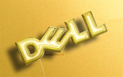 Logo Dell 3D, ballons r&#233;alistes jaunes, 4k, marques, logo Dell, arri&#232;re-plans de pierre jaune, Dell