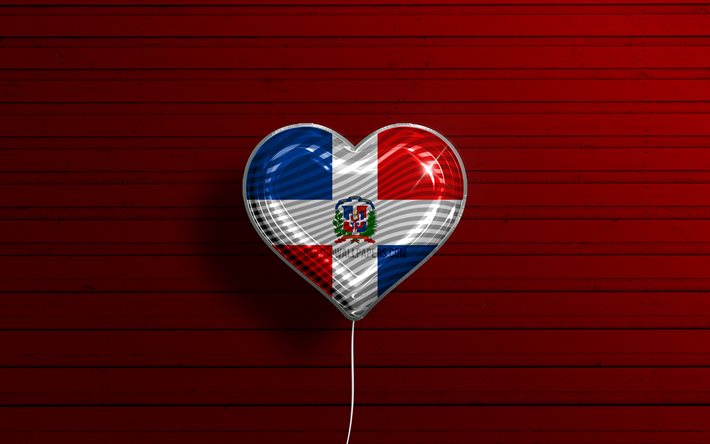 Eu amo a Rep&#250;blica Dominicana, 4k, bal&#245;es realistas, fundo de madeira vermelho, pa&#237;ses da Am&#233;rica do Norte, cora&#231;&#227;o da bandeira da Rep&#250;blica Dominicana, pa&#237;ses favoritos, bandeira da Rep&#250;blica Dominicana, bal&#