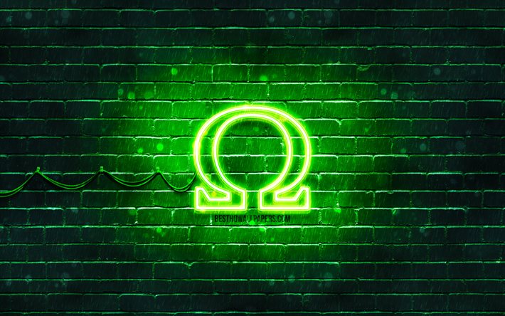 Logo verde Omega, 4k, muro di mattoni verde, logo Omega, marchi di moda, logo neon Omega, Omega